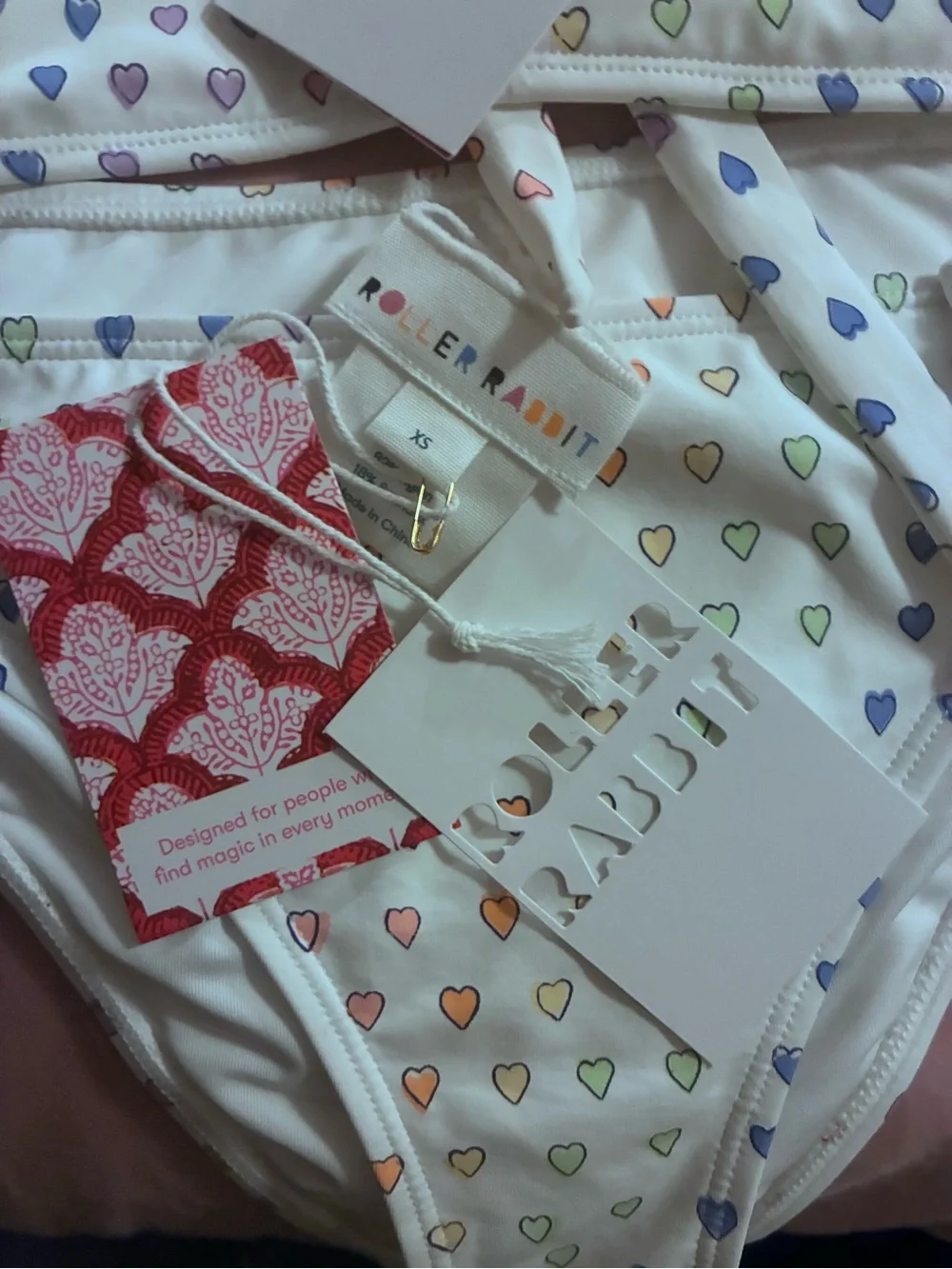 Roller Rabbit White Bandeau Bikini with Multicolor Pastel Heart Print